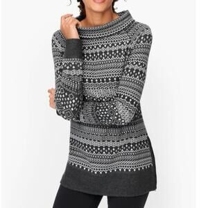 T by Talbots Gray Fair Isle Funnel Neck Sweater Cotton Cozy Winter Knit Large